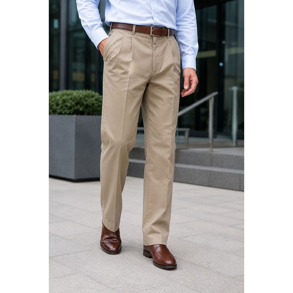 Savane Tailored2U Men's 36" W x 31" L Khaki Pleated Cotton Dress Pants 4 Pockets